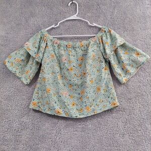 LAIA Floral Eyelet Off‎ The Shoulder Top Women's Small Sage Green Ruffle Boho